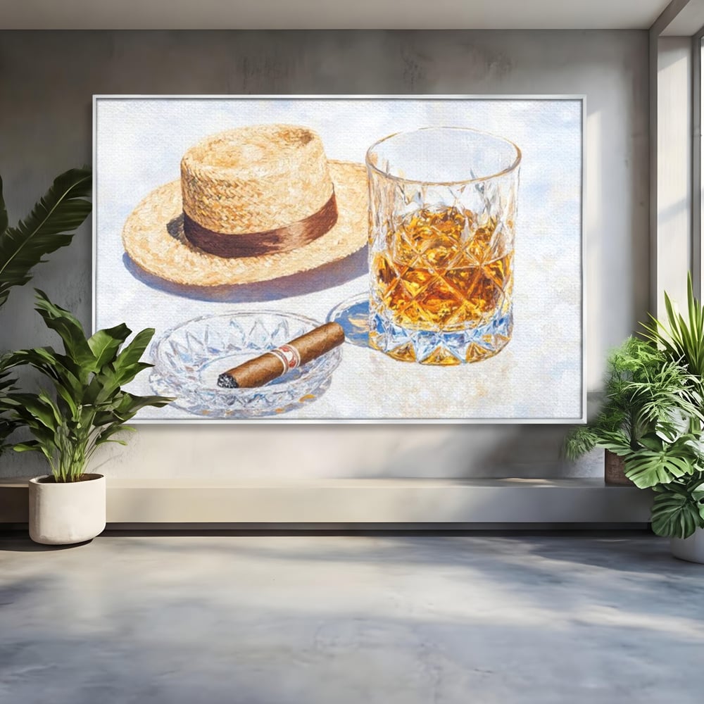 Tablou canvas cu natura statica cu palarie si pahar de whisky, in rama de aluminiu argintiu