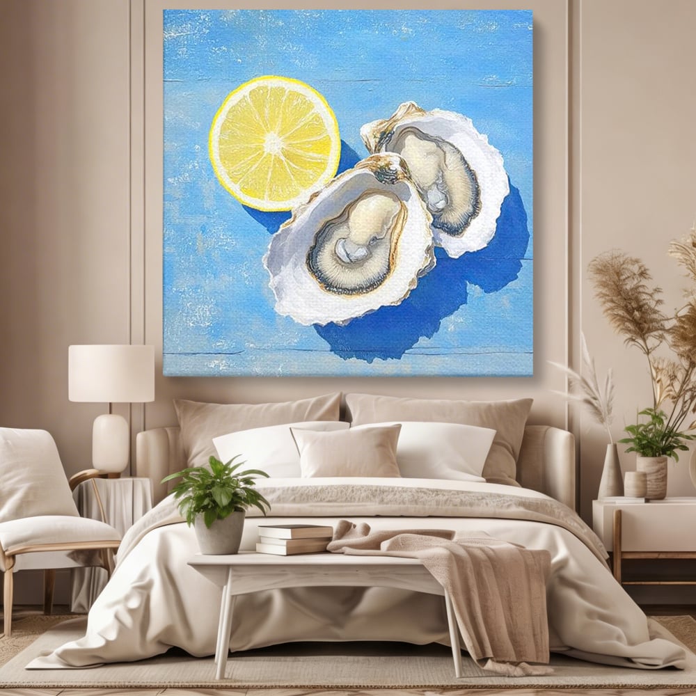 Tablou canvas cu pictura stridii deschise cu lamaie pe fundal albastru, fara rama, pe sasiu de lemn, pe perete intr-un dormitor