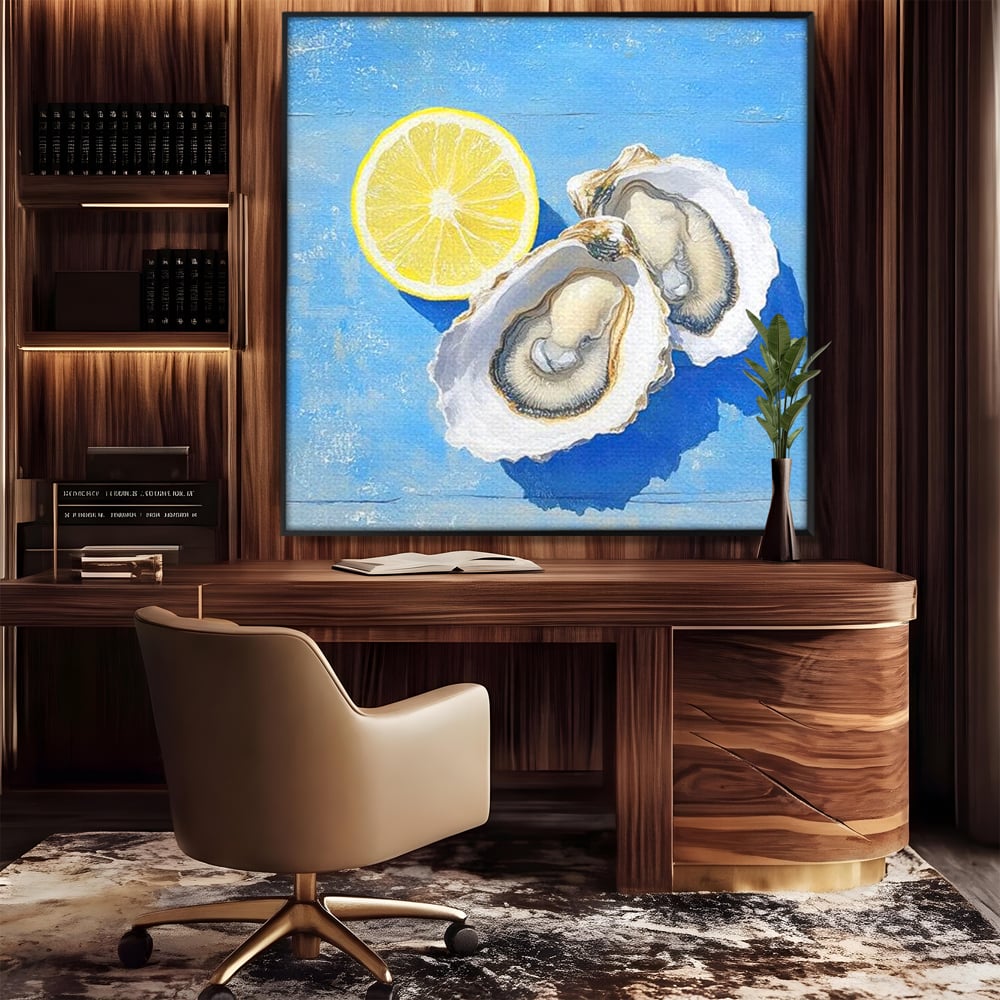 Tablou canvas cu pictura stridii deschise cu lamaie pe fundal albastru, in rama de aluminiu negru, pe perete intr-un birou