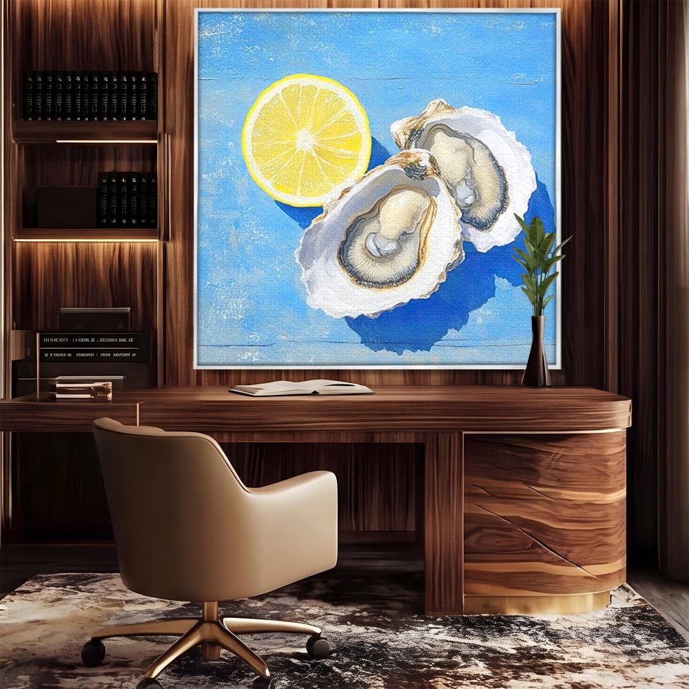 Tablou canvas cu pictura stridii deschise cu lamaie pe fundal albastru, in rama de aluminiu argintiu, pe perete intr-un birou