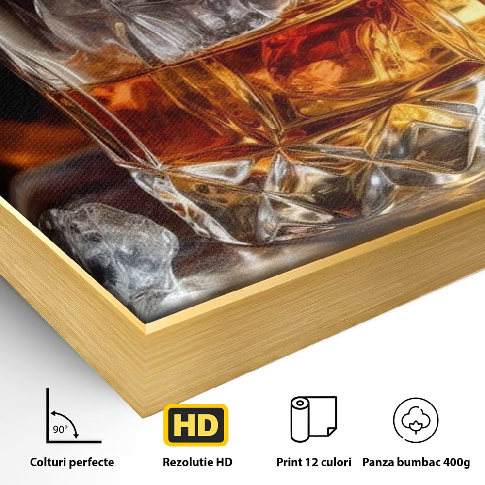 Detaliu al suprafetei: tablou canvas cu pahar de whisky si foc, in rama de aluminiu auriu