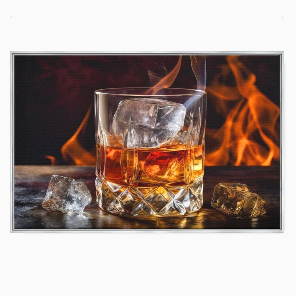 Tablou canvas cu tablou canvas cu pahar de whisky si foc, in rama de aluminiu argintiu