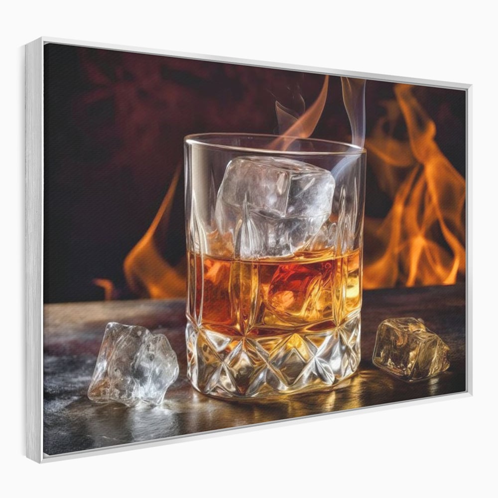 Tablou canvas cu tablou canvas cu pahar de whisky si foc, in rama de aluminiu argintiu