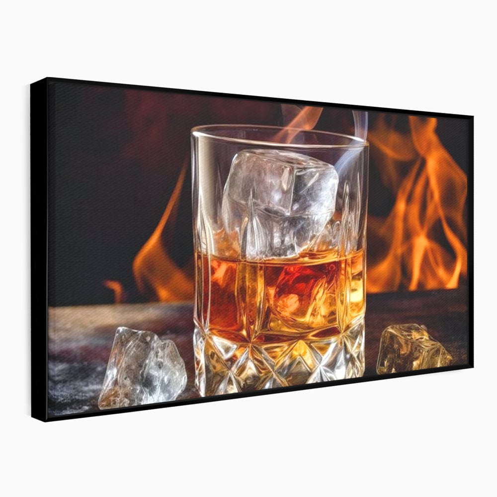 Tablou canvas cu tablou canvas cu pahar de whisky si foc, in rama de aluminiu negru