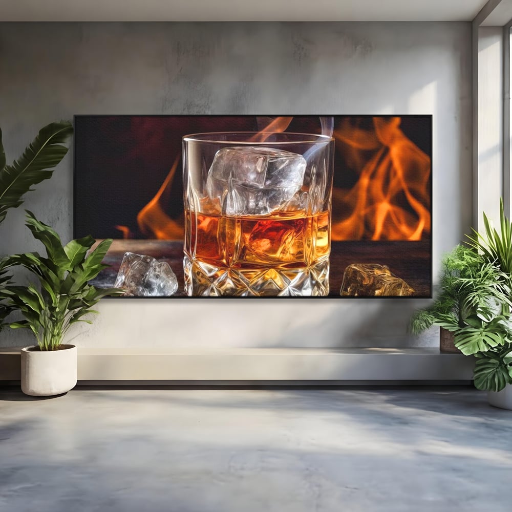 Tablou canvas cu tablou canvas cu pahar de whisky si foc, in rama de aluminiu negru