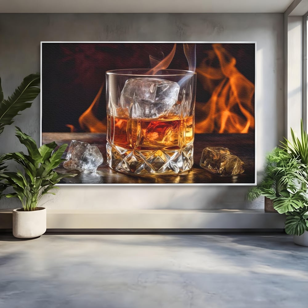 Tablou canvas cu tablou canvas cu pahar de whisky si foc, in rama de aluminiu argintiu
