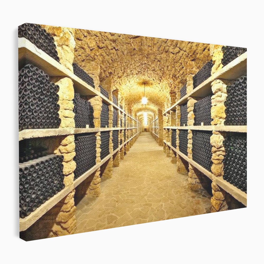 Tablou canvas cu tablou canvas cu crama subterana si sticle de vin, fara rama, pe sasiu de lemn