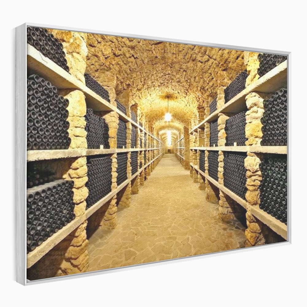 Tablou canvas cu tablou canvas cu crama subterana si sticle de vin, in rama de aluminiu argintiu
