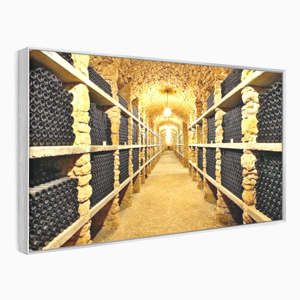Tablou canvas cu tablou canvas cu crama subterana si sticle de vin, in rama de aluminiu argintiu