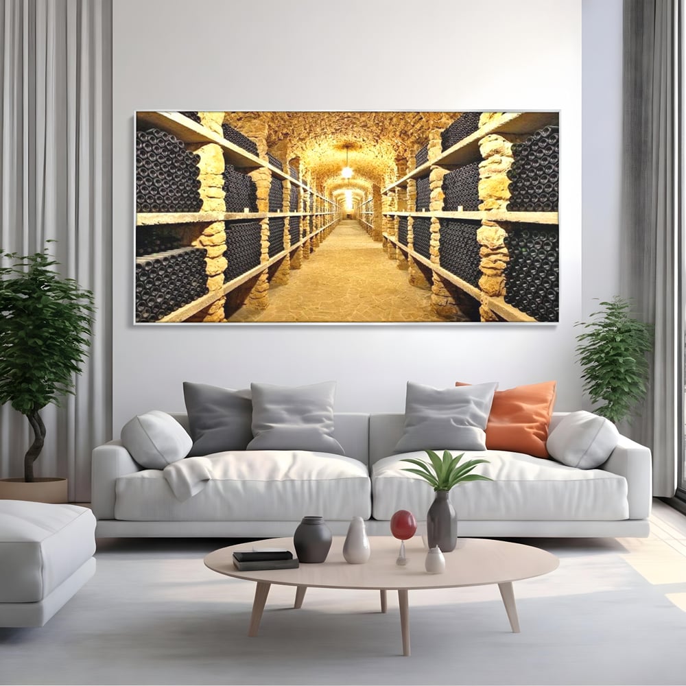 Tablou canvas cu tablou canvas cu crama subterana si sticle de vin, in rama de aluminiu argintiu, pe perete intr-un living