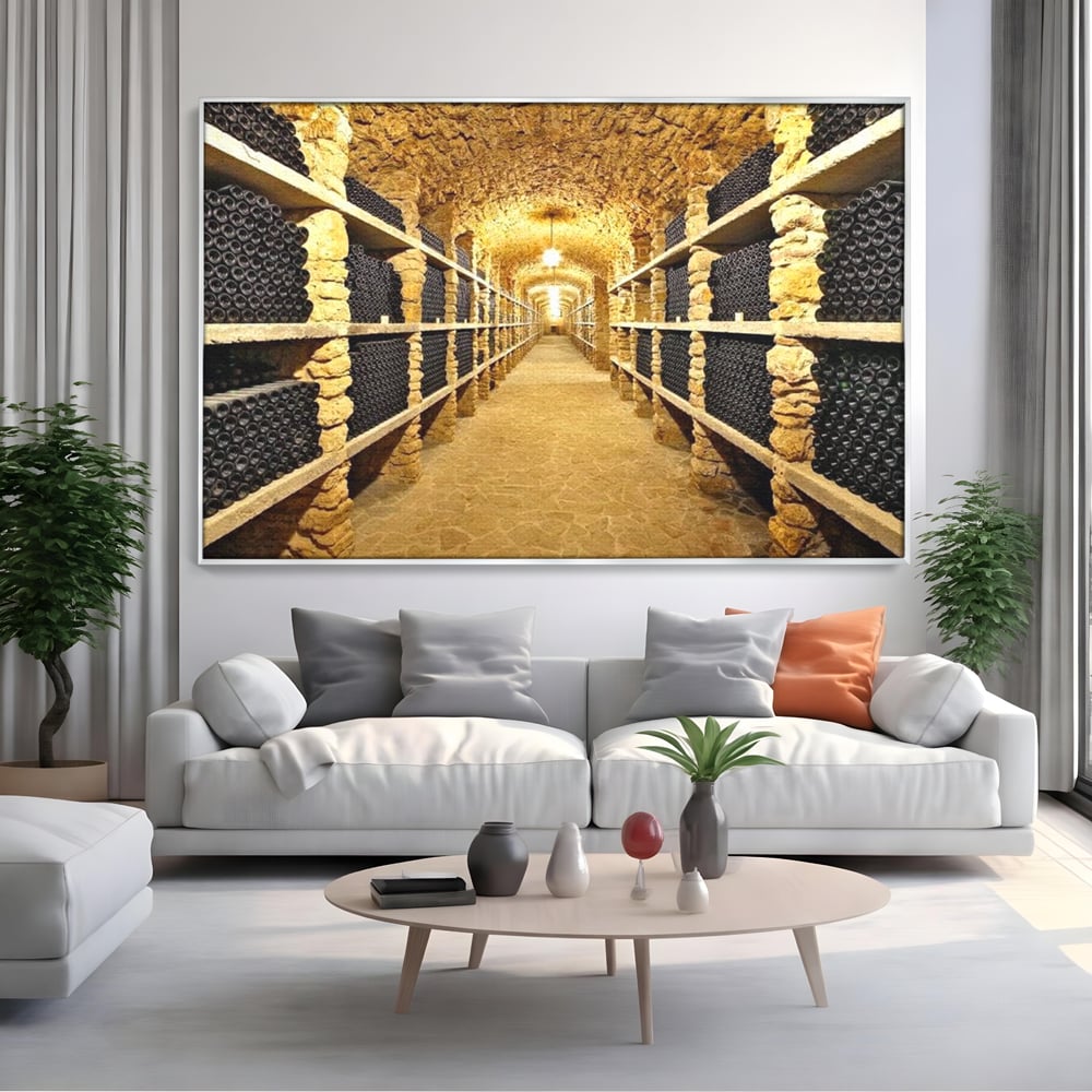 Tablou canvas cu tablou canvas cu crama subterana si sticle de vin, in rama de aluminiu argintiu, pe perete intr-un living