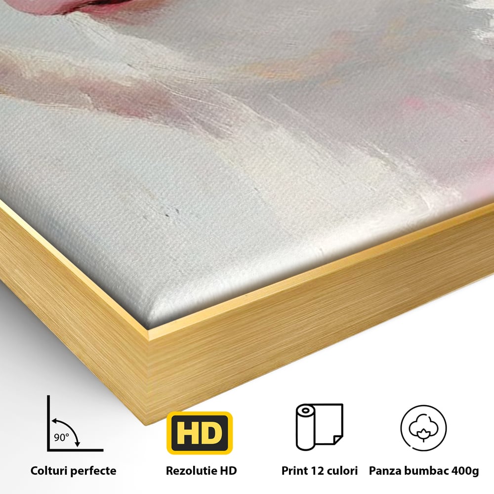 Detaliu al suprafetei: tablou canvas cu purcelus si pahar de vin, in rama de aluminiu auriu