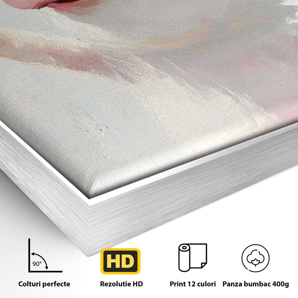 Detaliu al suprafetei: tablou canvas cu purcelus si pahar de vin, in rama de aluminiu argintiu
