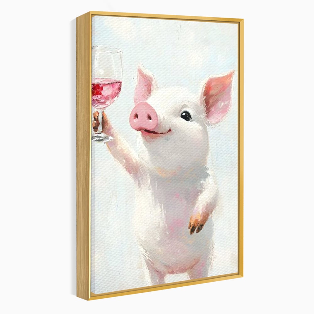 Tablou canvas cu tablou canvas cu purcelus si pahar de vin, in rama de aluminiu auriu