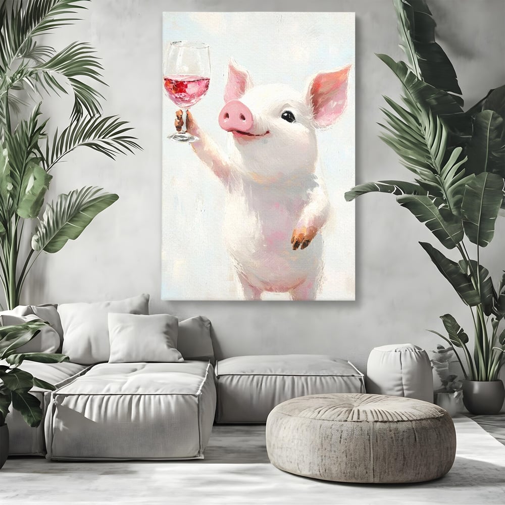 Tablou canvas cu tablou canvas cu purcelus si pahar de vin, fara rama, pe sasiu de lemn, pe perete intr-un living