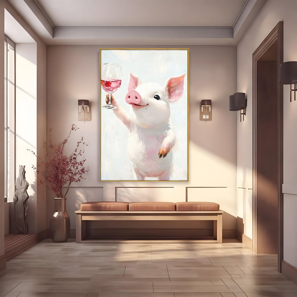 Tablou canvas cu tablou canvas cu purcelus si pahar de vin, in rama de aluminiu auriu