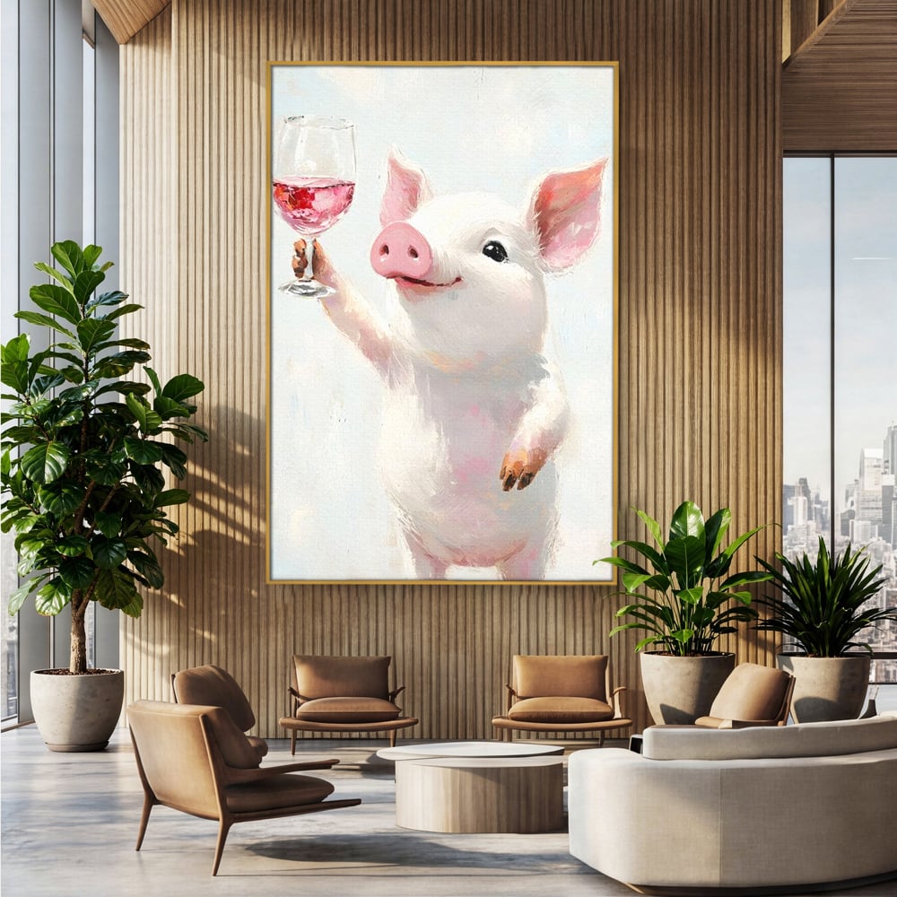 Tablou canvas cu tablou canvas cu purcelus si pahar de vin, in rama de aluminiu auriu, pe perete intr-un birou