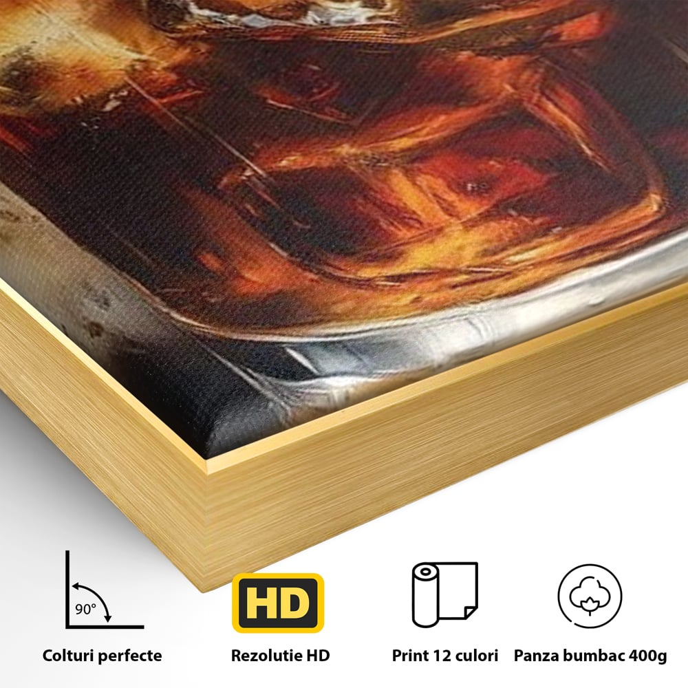 Detaliu al suprafetei: tablou pictura pahar whisky cu gheata, in rama de aluminiu auriu