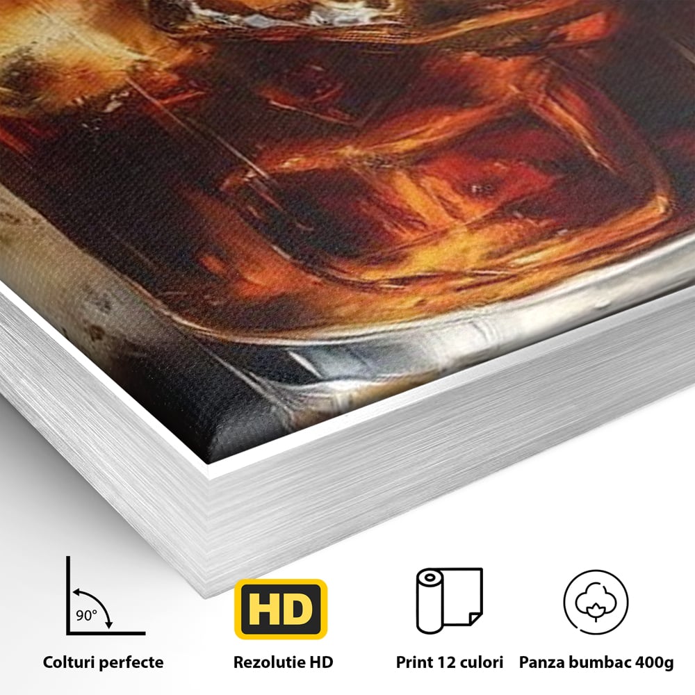 Detaliu al suprafetei: tablou pictura pahar whisky cu gheata, in rama de aluminiu argintiu