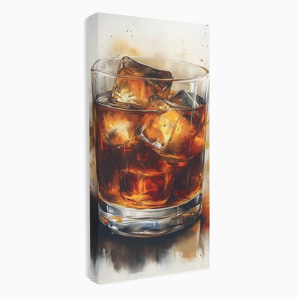 Tablou canvas cu tablou pictura pahar whisky cu gheata, fara rama, pe sasiu de lemn