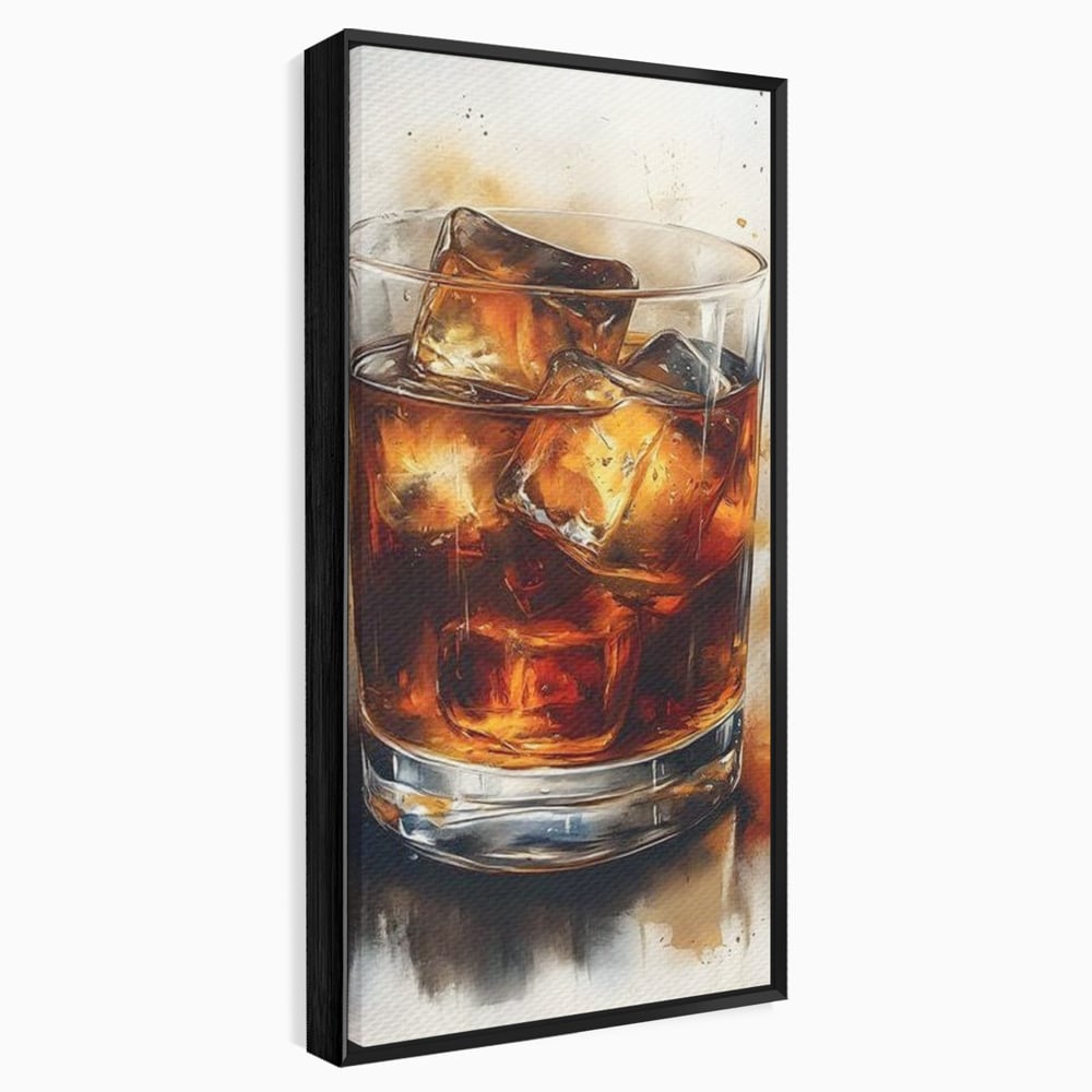 Tablou canvas cu tablou pictura pahar whisky cu gheata, in rama de aluminiu negru