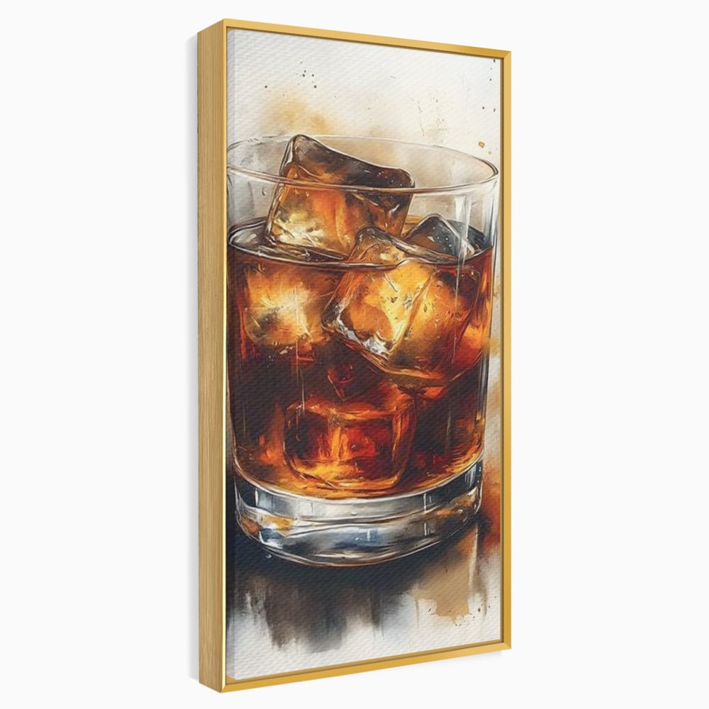 Tablou canvas cu tablou pictura pahar whisky cu gheata, in rama de aluminiu auriu
