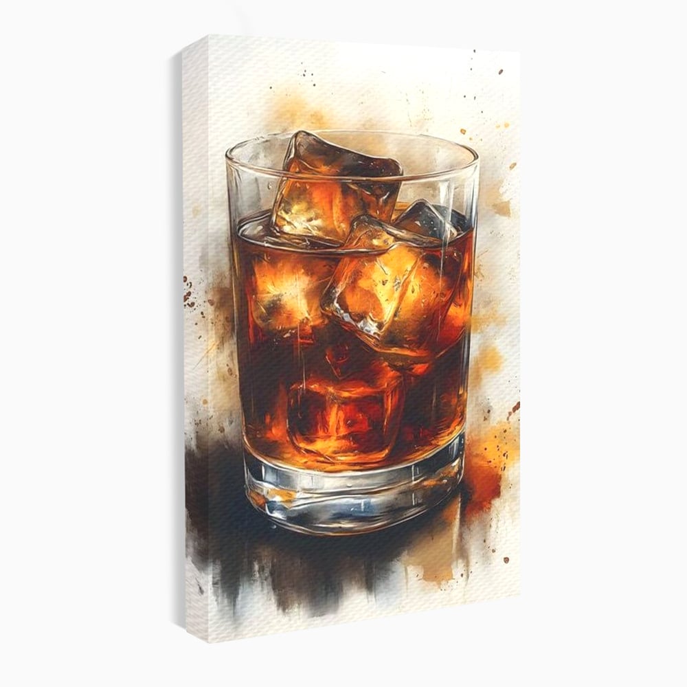 Tablou canvas cu tablou pictura pahar whisky cu gheata, fara rama, pe sasiu de lemn