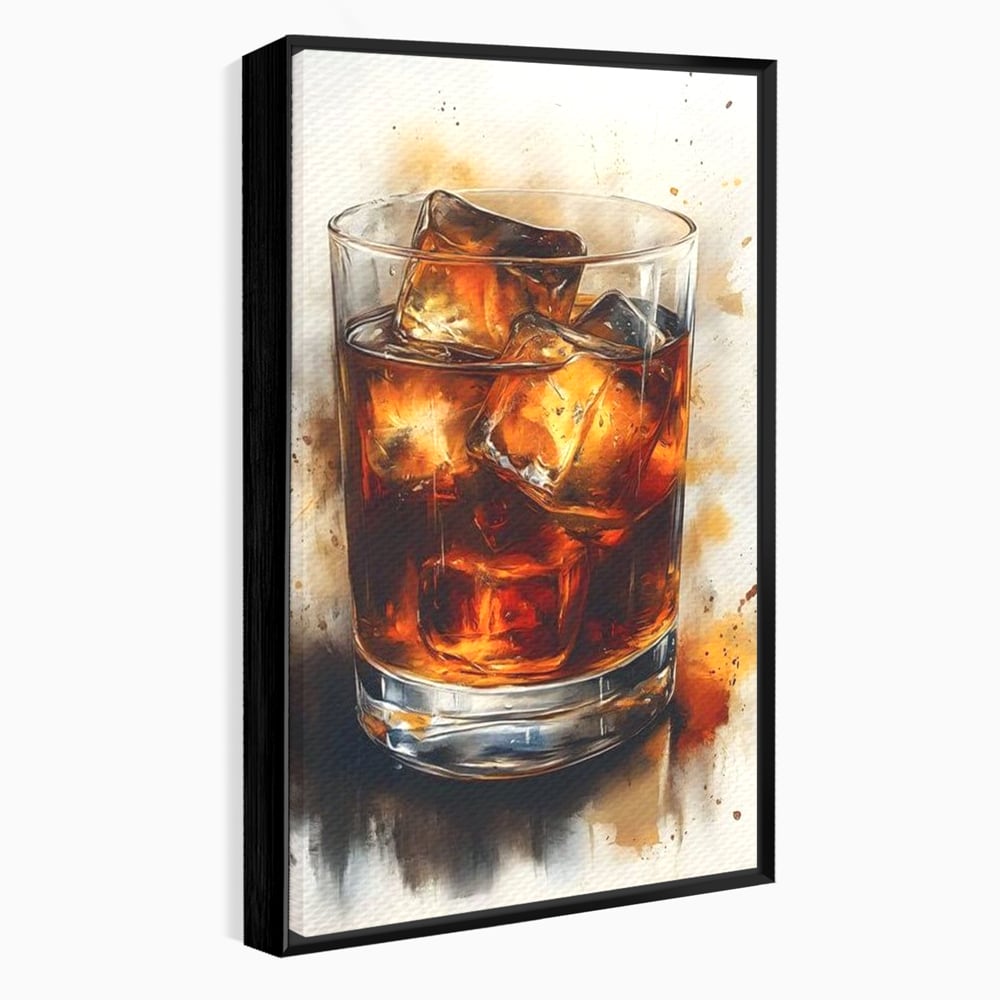 Tablou canvas cu tablou pictura pahar whisky cu gheata, in rama de aluminiu negru
