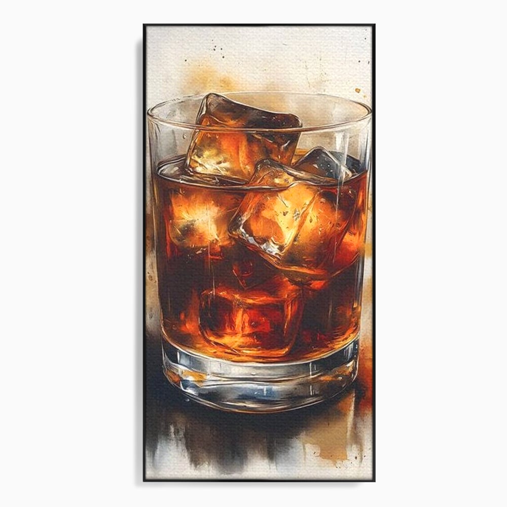 Tablou canvas cu tablou pictura pahar whisky cu gheata, in rama de aluminiu negru