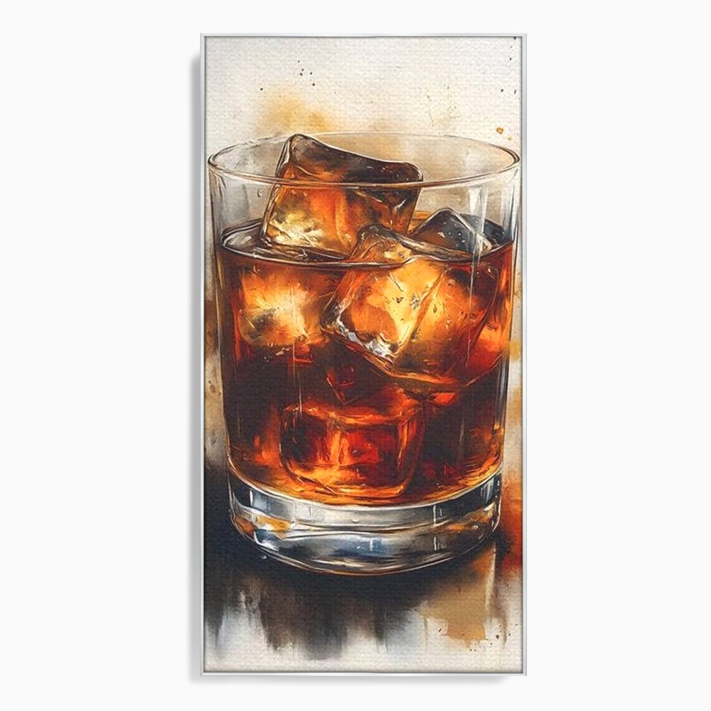 Tablou canvas cu tablou pictura pahar whisky cu gheata, in rama de aluminiu argintiu