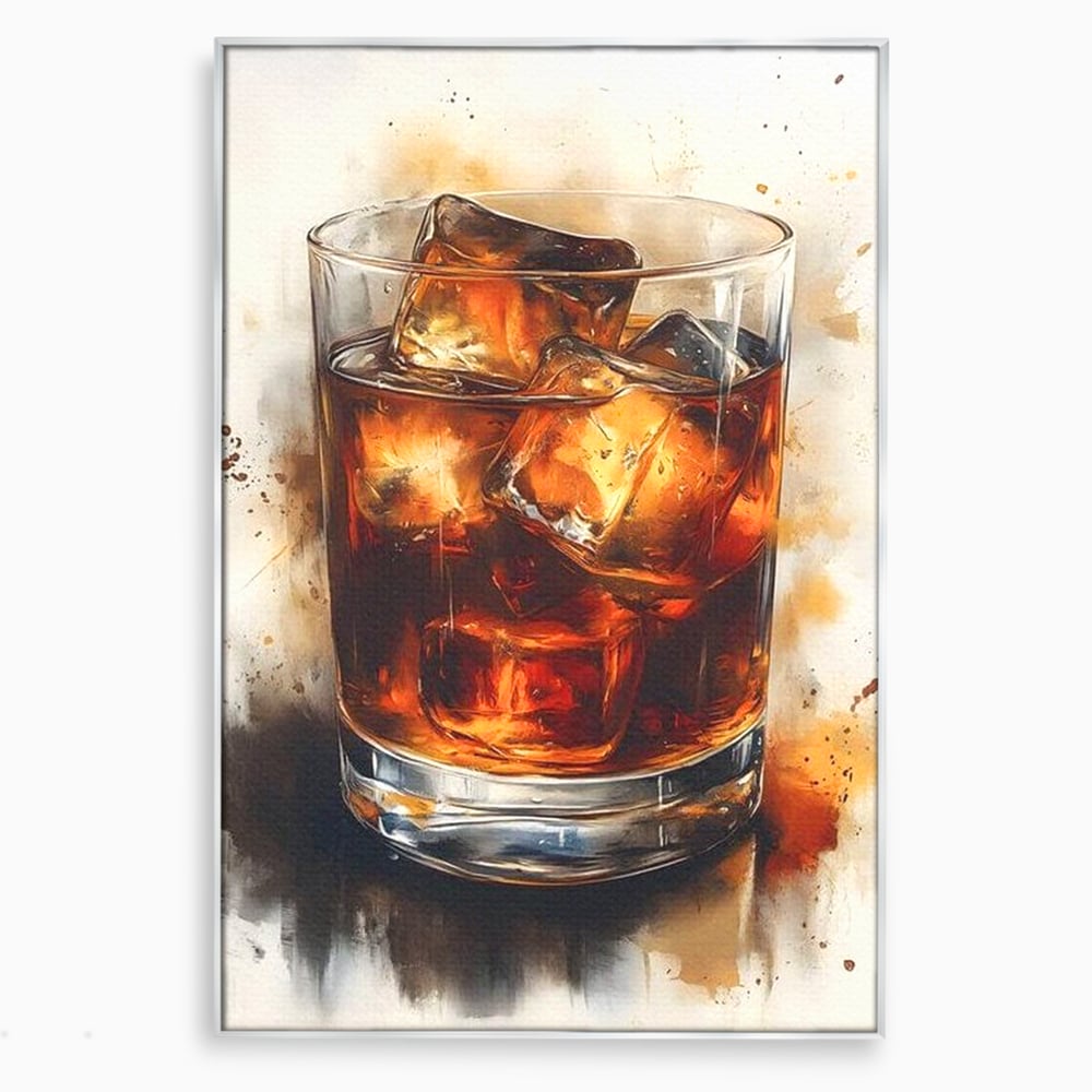 Tablou canvas cu tablou pictura pahar whisky cu gheata, in rama de aluminiu argintiu