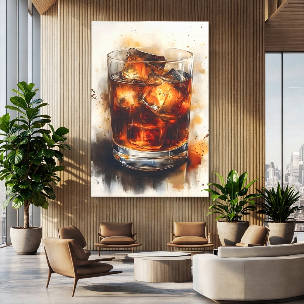 Tablou canvas cu tablou pictura pahar whisky cu gheata, fara rama, pe sasiu de lemn, pe perete intr-un birou