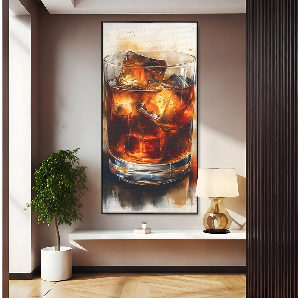 Tablou canvas cu tablou pictura pahar whisky cu gheata, in rama de aluminiu negru