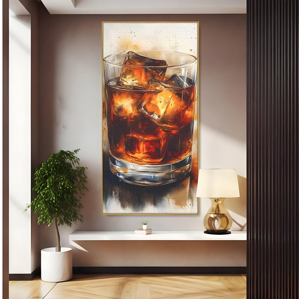 Tablou canvas cu tablou pictura pahar whisky cu gheata, in rama de aluminiu auriu