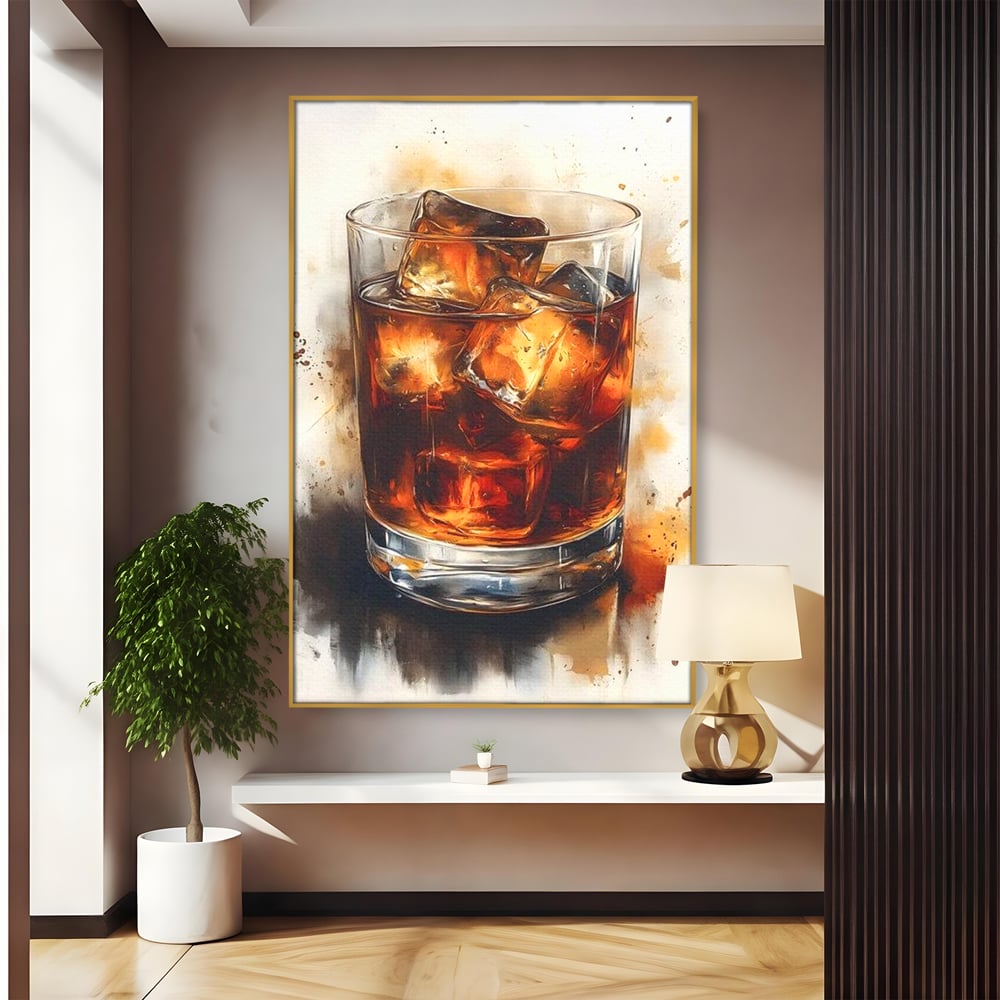 Tablou canvas cu tablou pictura pahar whisky cu gheata, in rama de aluminiu auriu