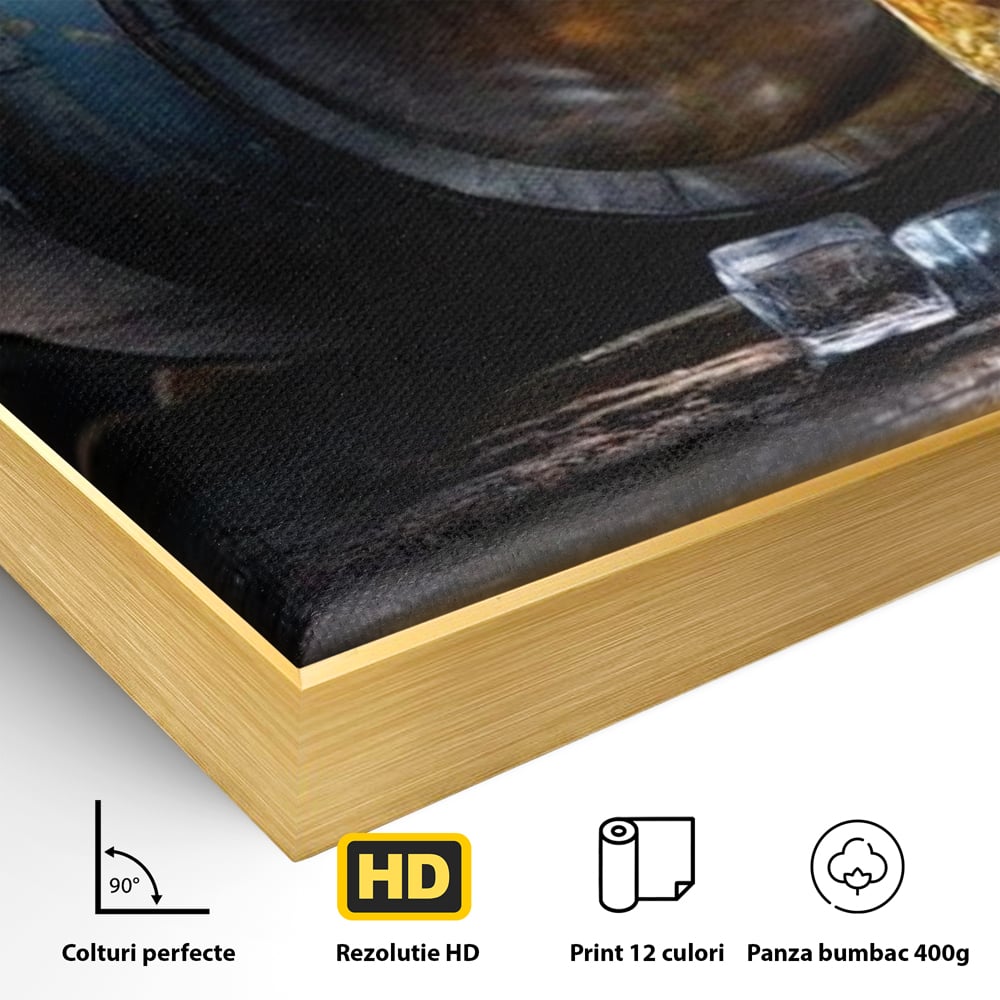 Detaliu al suprafetei: tablou canvas cu butoi de whisky si pahar cu gheata, in rama de aluminiu auriu
