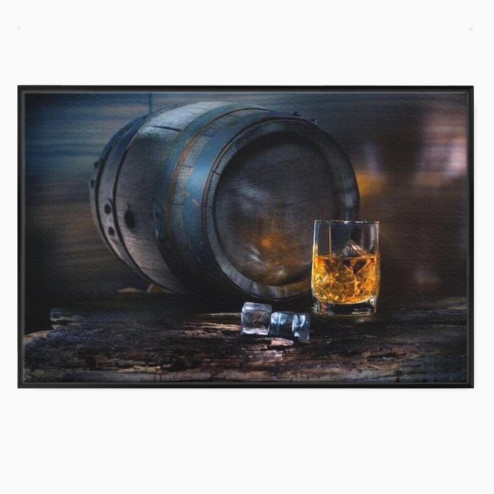 Tablou canvas cu tablou canvas cu butoi de whisky si pahar cu gheata, in rama de aluminiu negru