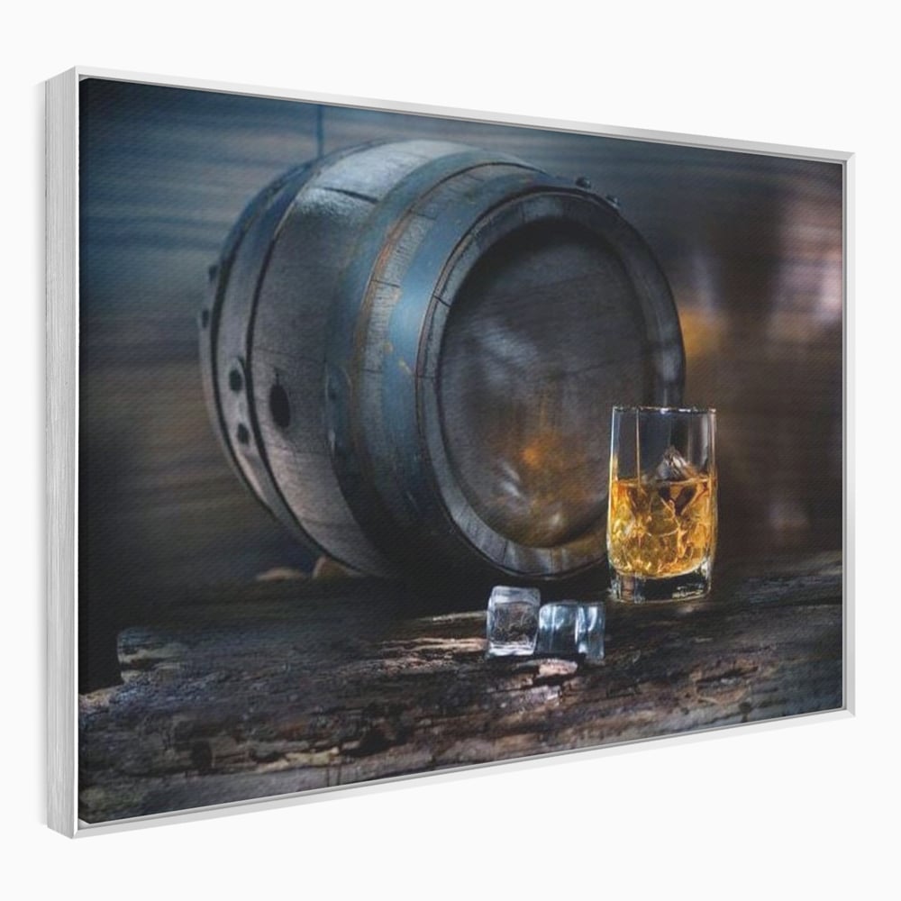 Tablou canvas cu tablou canvas cu butoi de whisky si pahar cu gheata, in rama de aluminiu argintiu