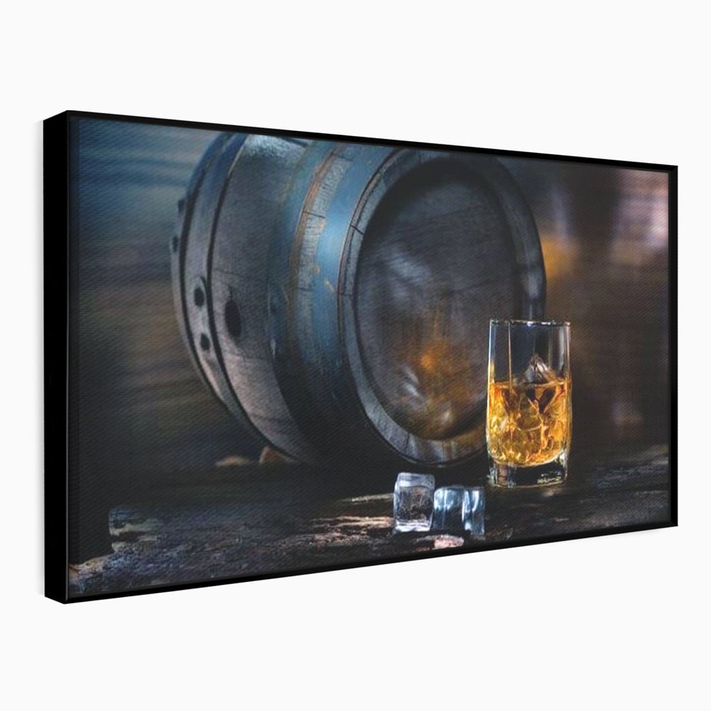 Tablou canvas cu tablou canvas cu butoi de whisky si pahar cu gheata, in rama de aluminiu negru