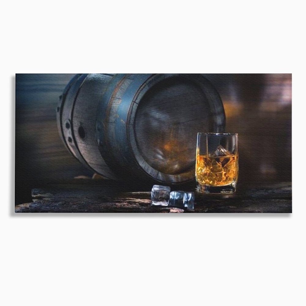 Tablou canvas cu tablou canvas cu butoi de whisky si pahar cu gheata, fara rama, pe sasiu de lemn
