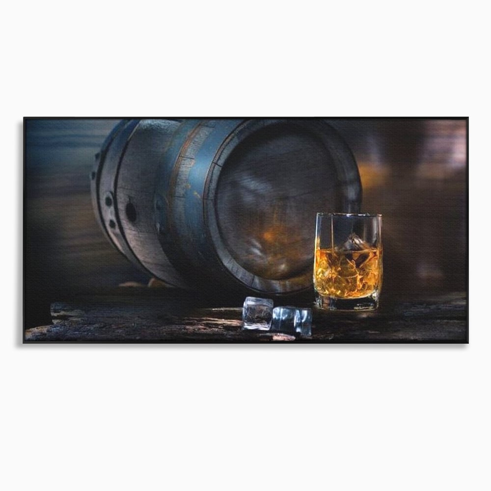 Tablou canvas cu tablou canvas cu butoi de whisky si pahar cu gheata, in rama de aluminiu negru