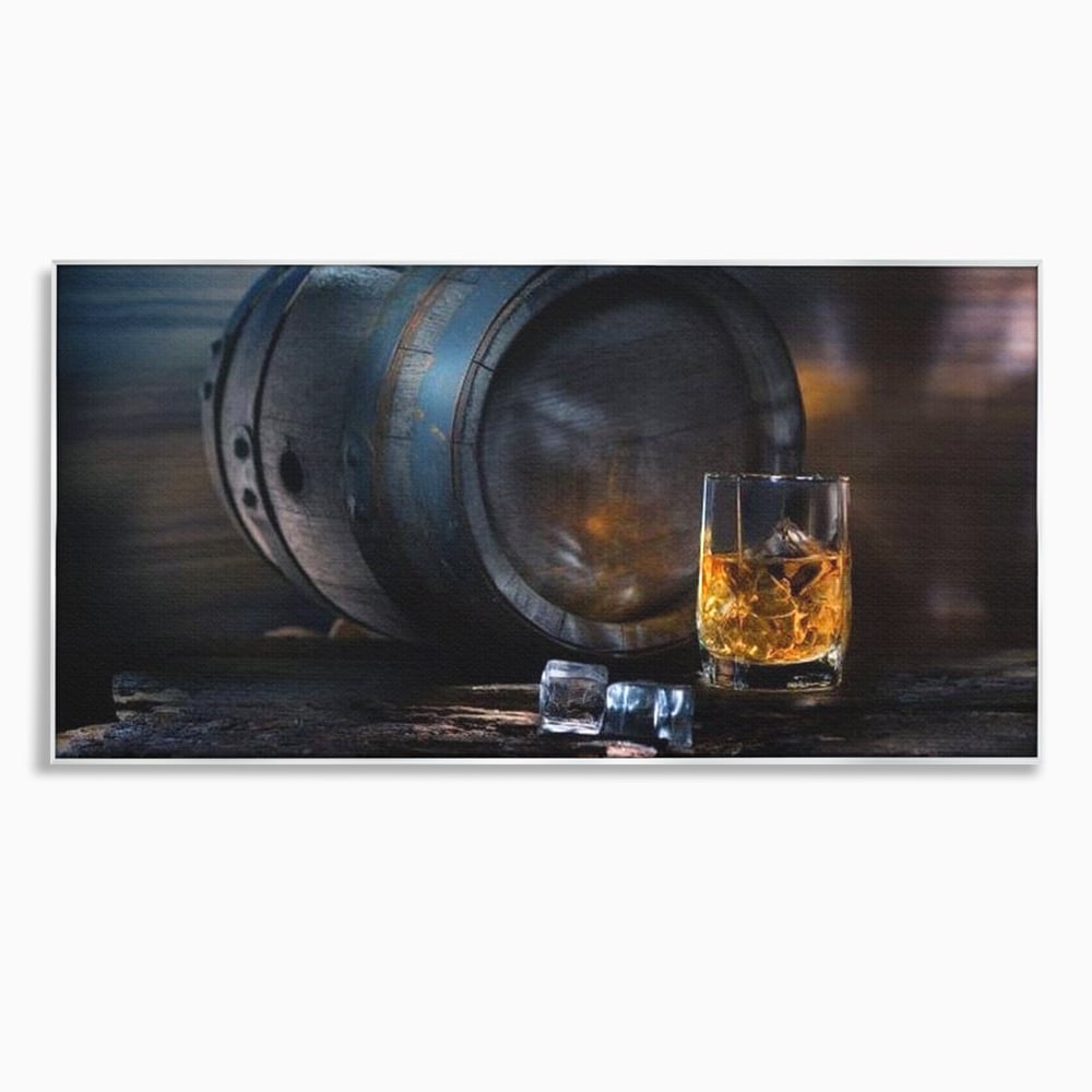 Tablou canvas cu tablou canvas cu butoi de whisky si pahar cu gheata, in rama de aluminiu argintiu