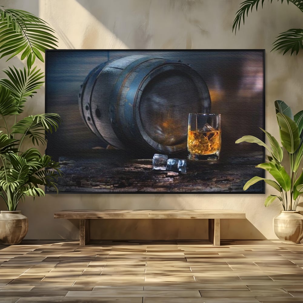 Tablou canvas cu tablou canvas cu butoi de whisky si pahar cu gheata, in rama de aluminiu negru