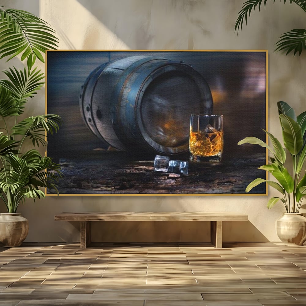 Tablou canvas cu tablou canvas cu butoi de whisky si pahar cu gheata, in rama de aluminiu auriu
