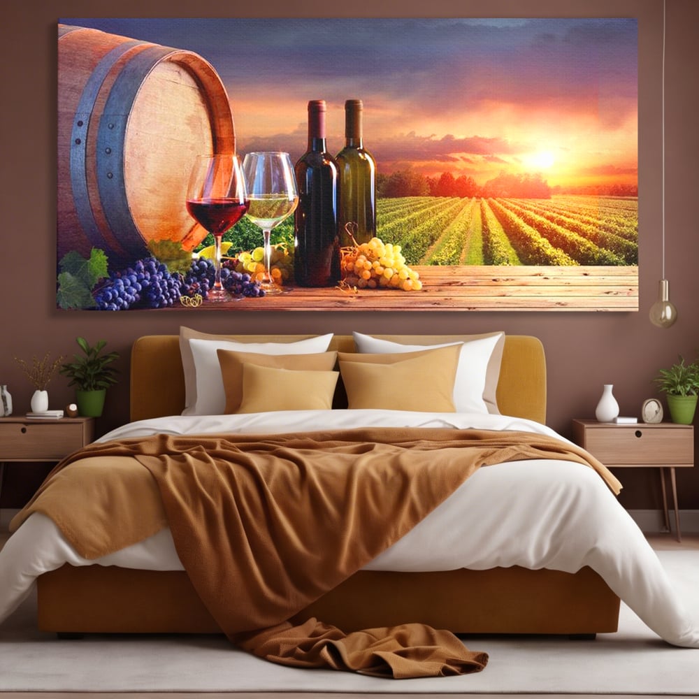 Tablou canvas cu tablou canvas cu podgorie si vin, fara rama, pe sasiu de lemn, pe perete intr-un dormitor