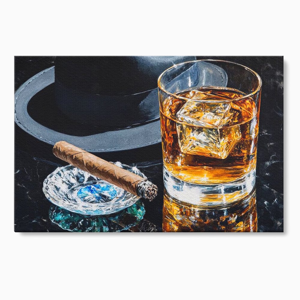 Tablou canvas cu pictura cu pahar de whisky, trabuc si palarie, fara rama, pe sasiu de lemn