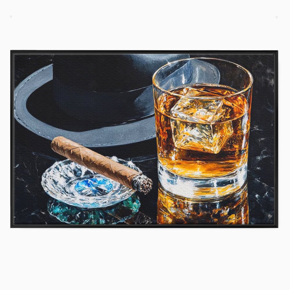 Tablou canvas cu pictura cu pahar de whisky, trabuc si palarie, in rama de aluminiu negru