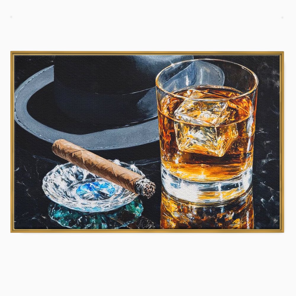 Tablou canvas cu pictura cu pahar de whisky, trabuc si palarie, in rama de aluminiu auriu