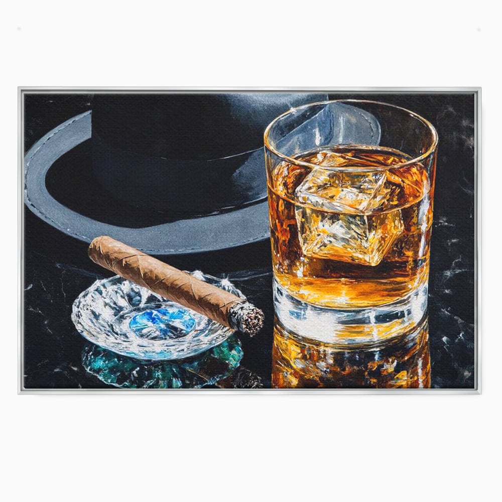 Tablou canvas cu pictura cu pahar de whisky, trabuc si palarie, in rama de aluminiu argintiu