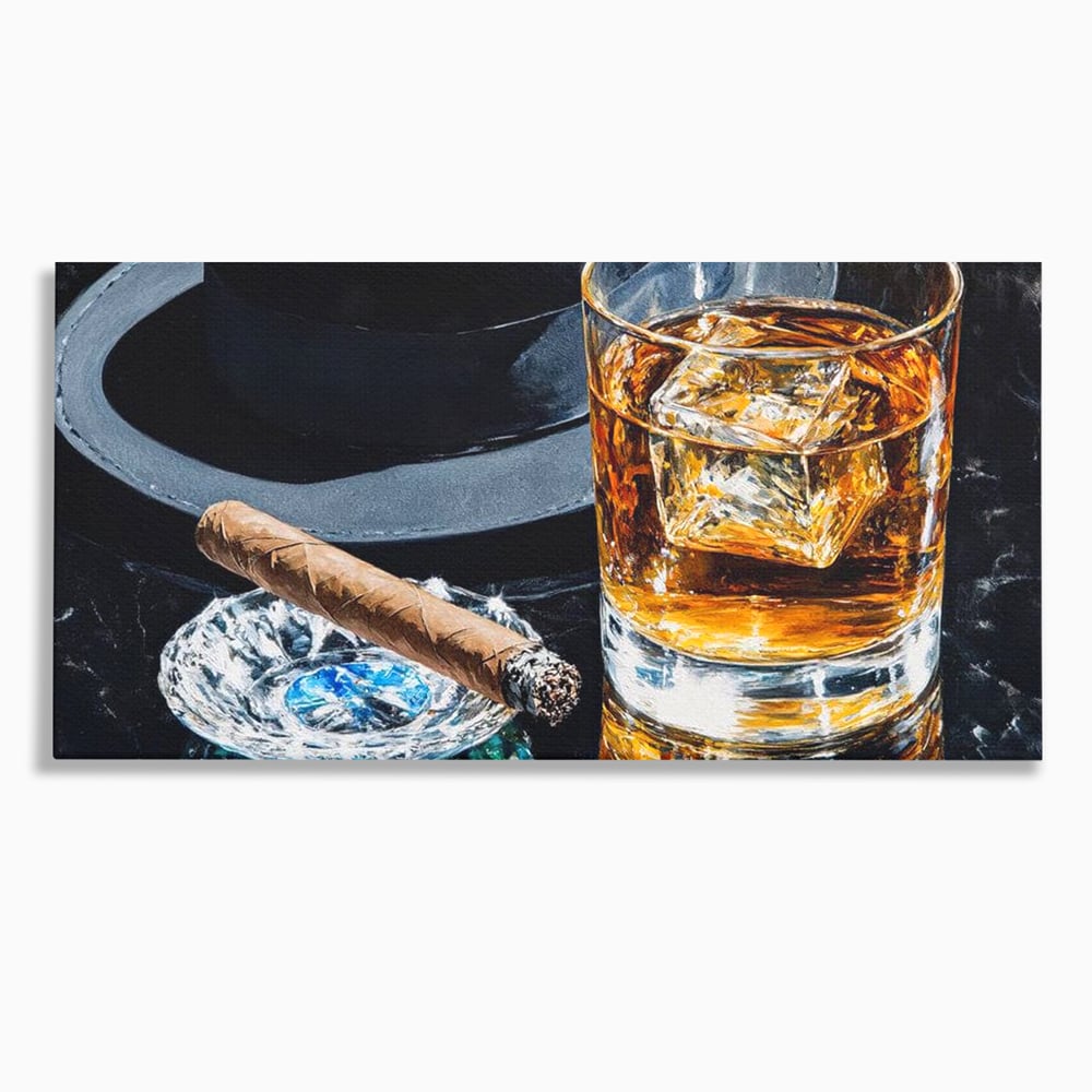 Tablou canvas cu pictura cu pahar de whisky, trabuc si palarie, fara rama, pe sasiu de lemn
